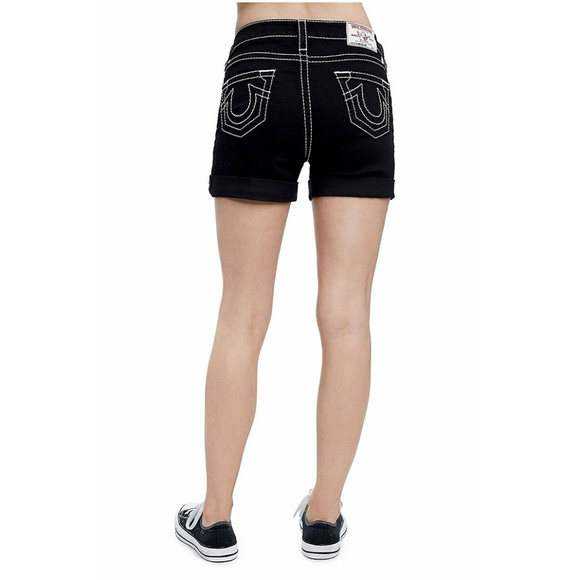 True Religion Women's Mid Roll Up Big T Shorts in Black Body Rinse - Picture 3 of 4